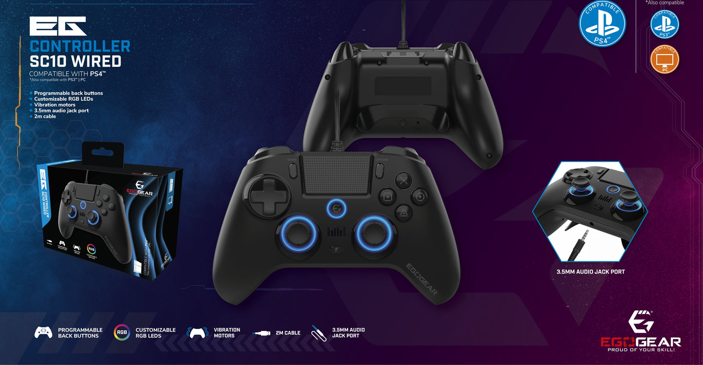 EgoGear Manette filaire SC10 noire pour PS4, PS3 et PC