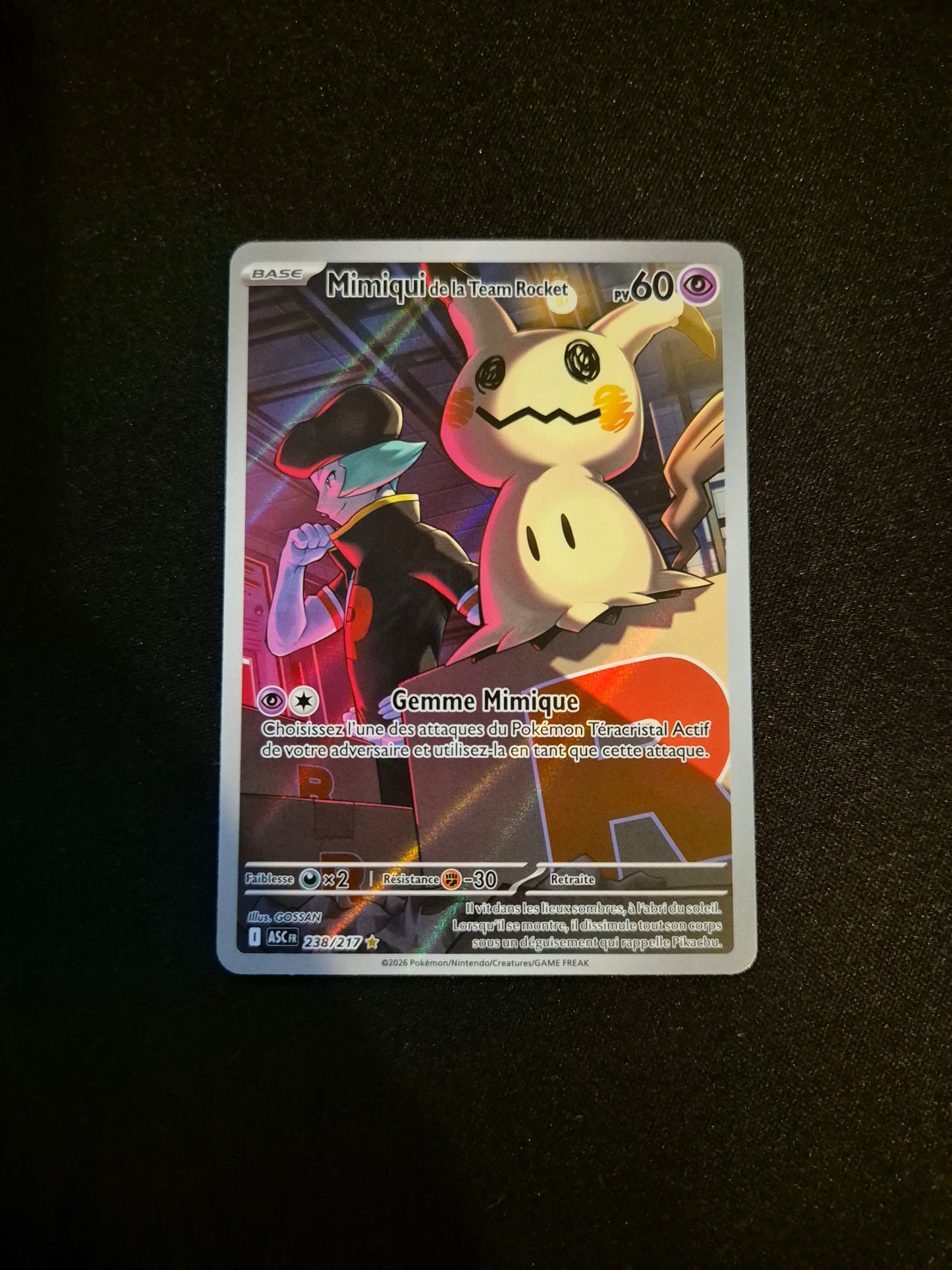 Carte Pokémon Mimiqui de la Team Rocket Art Rare AR 238/217 ME2.5 Héros Transcendants