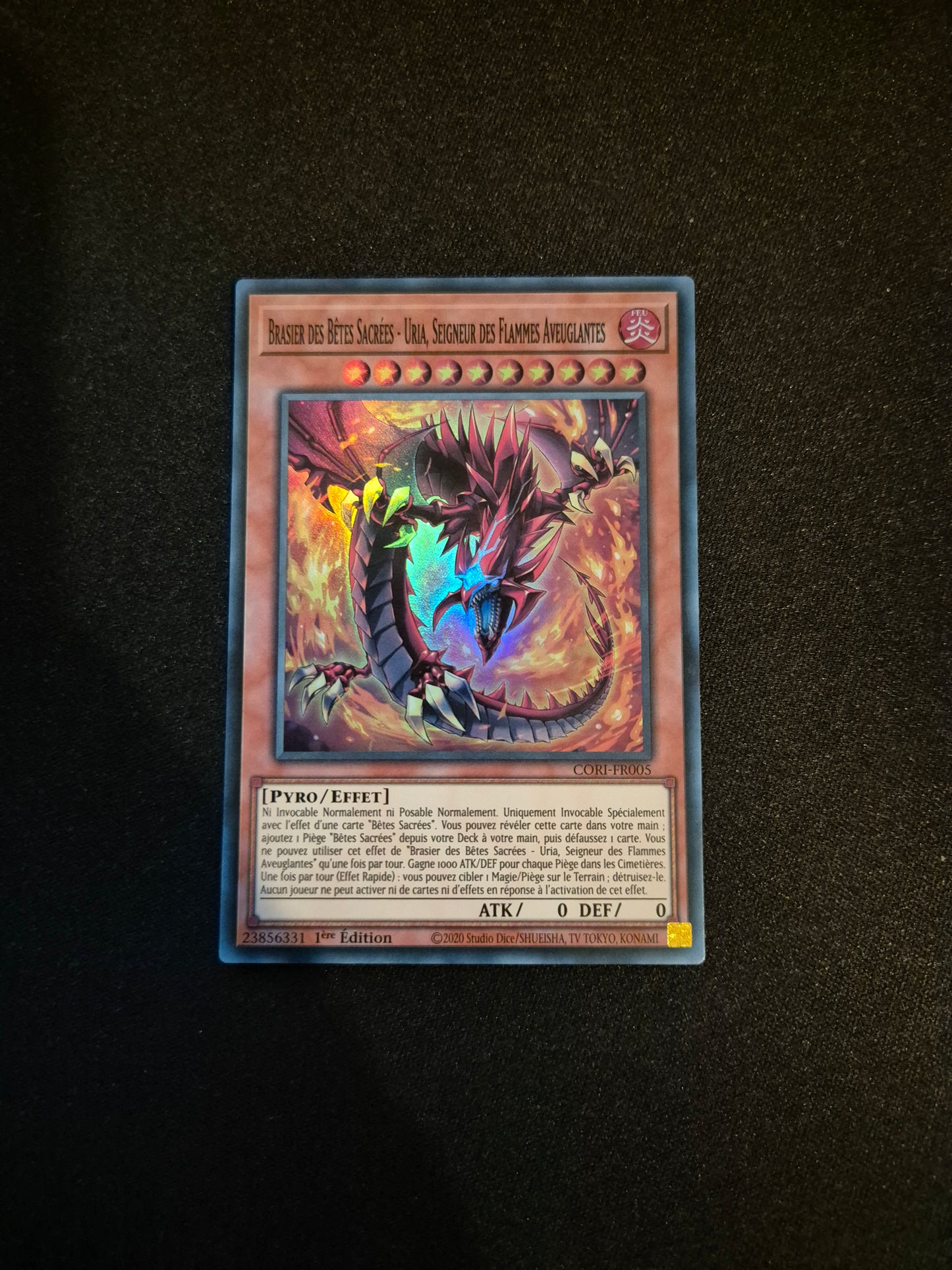 Carte Yu-Gi-Oh! Brasier des Bêtes Sacrées Uria Seigneur des Flammes Aveuglantes Super Rare CORI-FR005