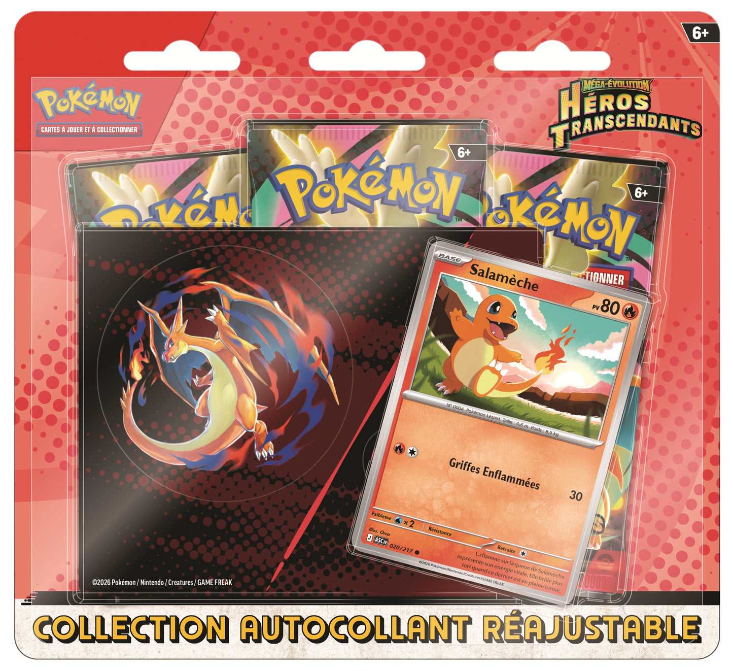 Pokémon JCC Tripack Collection autocollant réajustable Méga-Évolution ME2.5 Héros Transcendants Salamèche FR