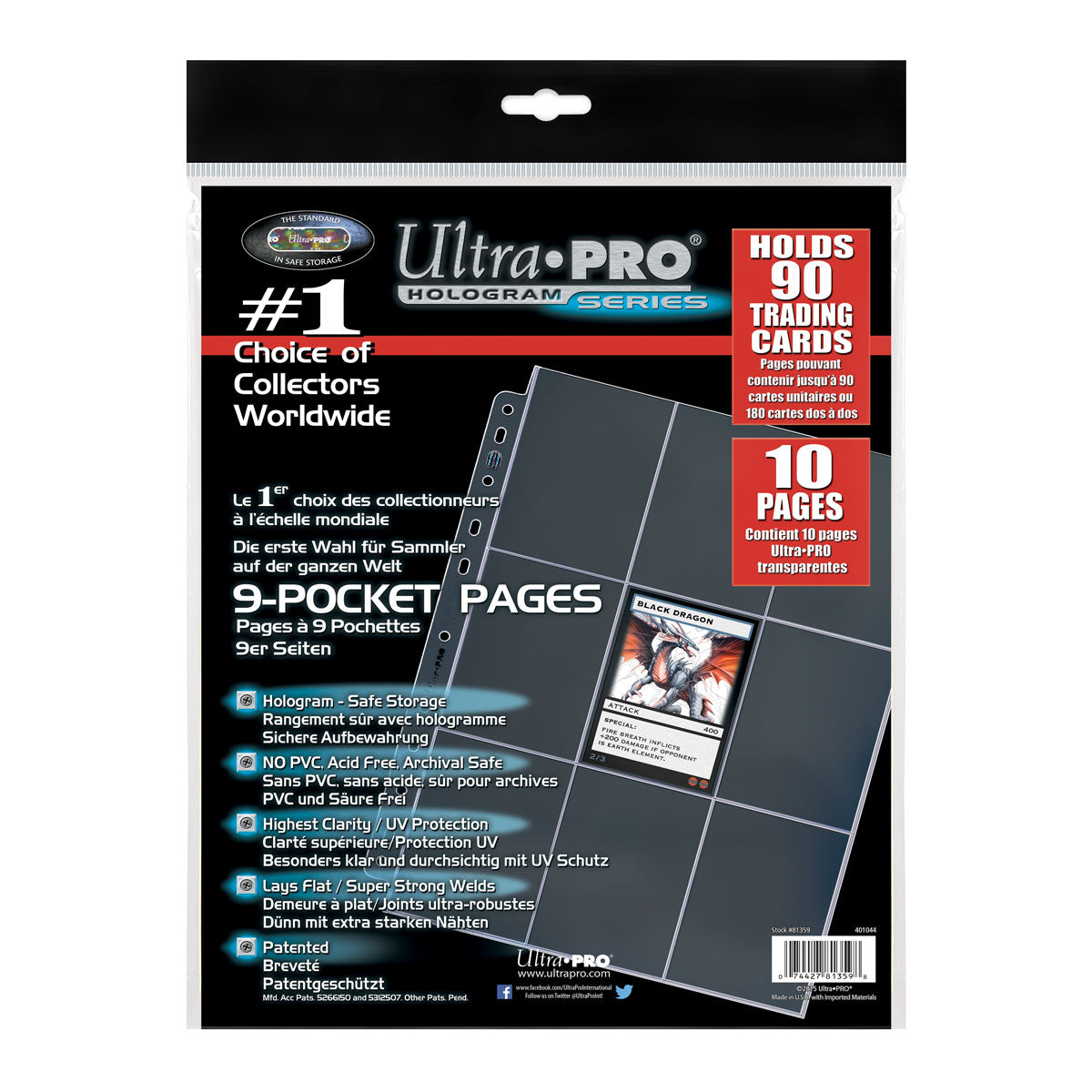 Ultra Pro : Pack de 10 pages à 9 pochettes Platinum Hologram Series (180 cartes)
