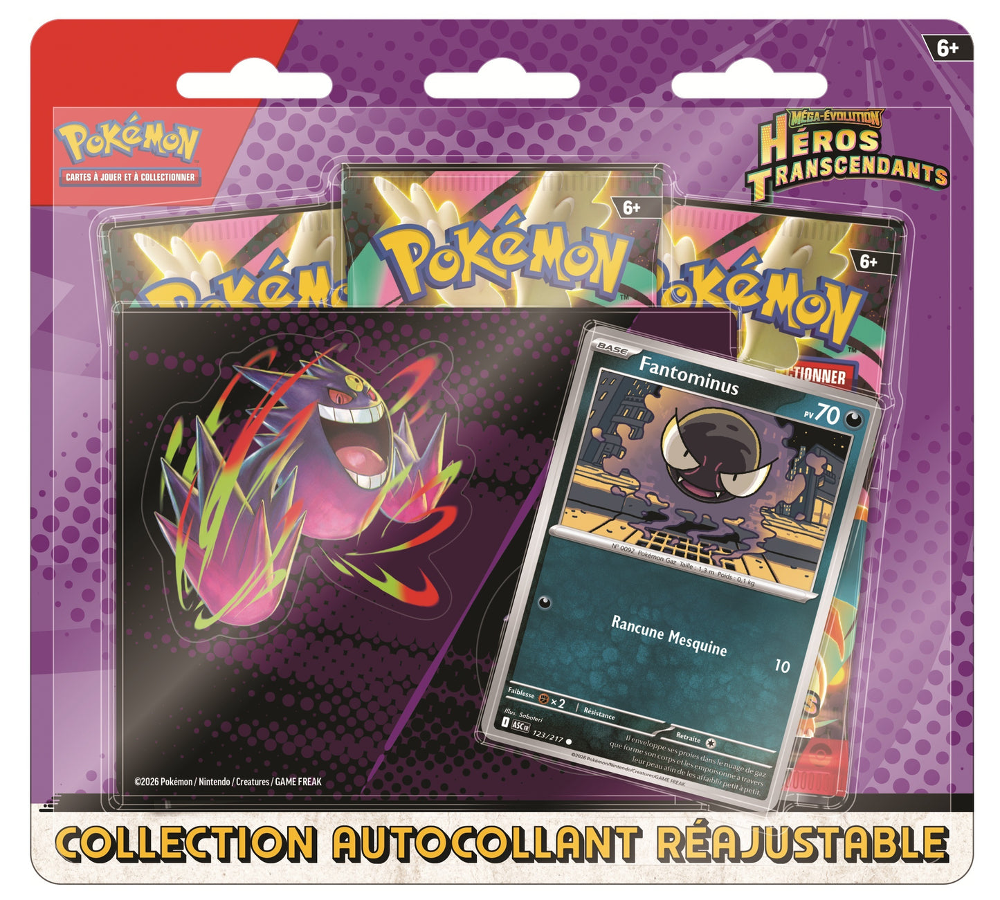 Pokémon JCC Tripack Collection autocollant réajustable Méga-Évolution ME2.5 Héros Transcendants Fantominus FR