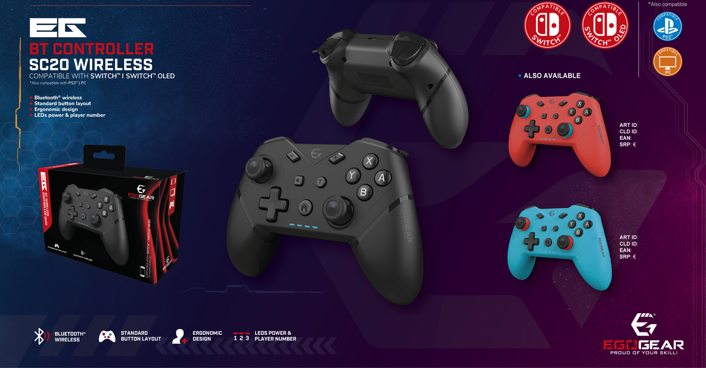 EgoGear  Manette sans fil Bluetooth SC20 Noire pour Nintendo Switch, Switch OLED, PS3 et PC